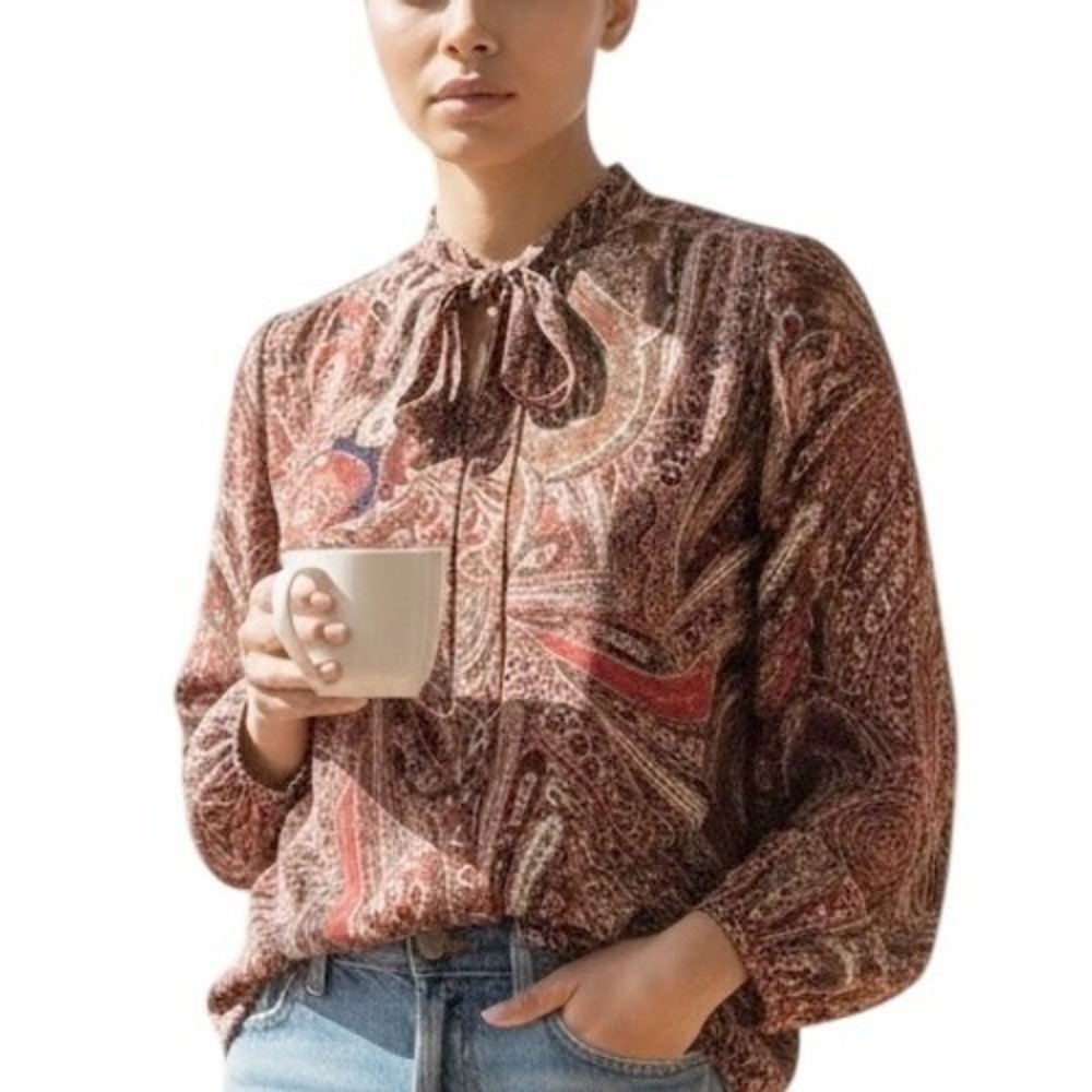 CHAPS DENIM 90s Style Boho Paisley Sheer Top Blouse Sz XL‎ Neru Peasant Collar